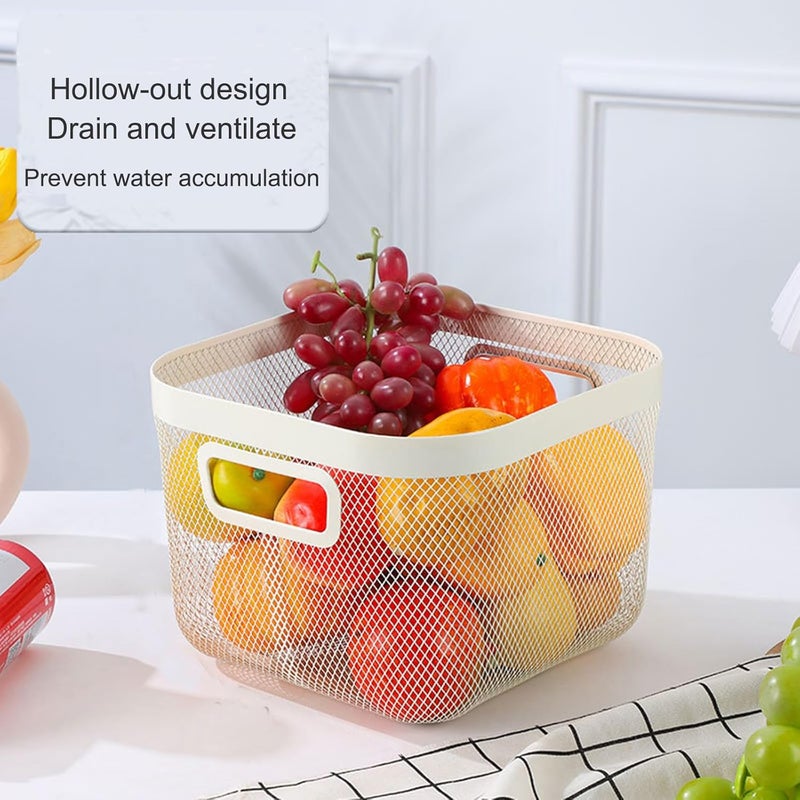 AJIODA Metal Mesh Steel Baskets, Household Wire Storage Organizer Bin Garden Harvest Basket Multi-functional Fruit Baskets with Handles for Kitchen Bathroom Picnic Shopping Decor Cabinet Home, Beige - Image 2